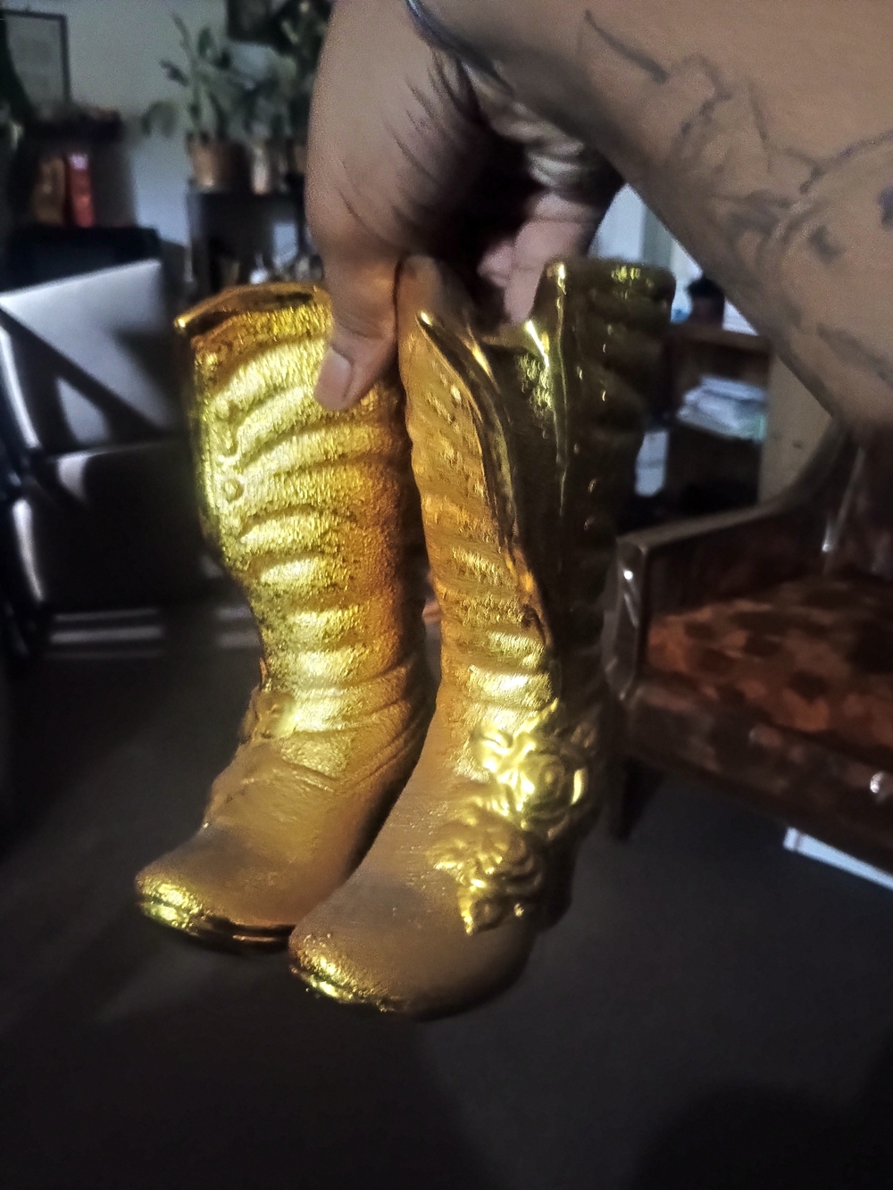 Metallic Gold Women's Western Boot Statue - Gold Decorative Shoe